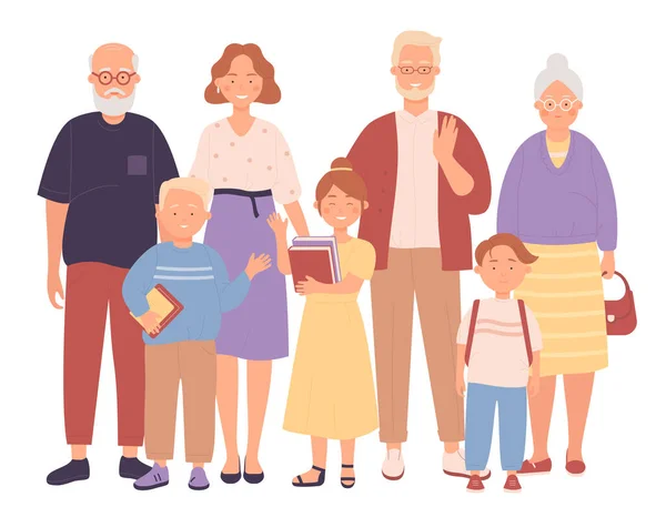 Conception d'illustration vectorielle de trois générations heureuse pleine famille à caractère plat — Image vectorielle