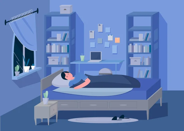 Ο άντρας στην κρεβατοκάμαρα. Cartoon αρσενικό έφηβος δωμάτιο τη νύχτα επίπεδη διανυσματική απεικόνιση — Διανυσματικό Αρχείο