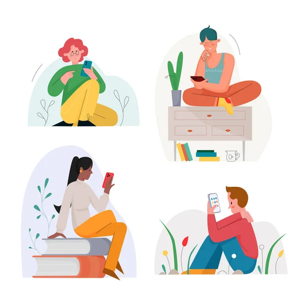 Sentado personas absorbidas por teléfono móvil carácter plano vector ilustración conjunto — Archivo Imágenes Vectoriales