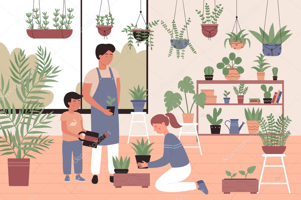 People work with plants in orangery, garden, greenhouse character flat vector illustration concept