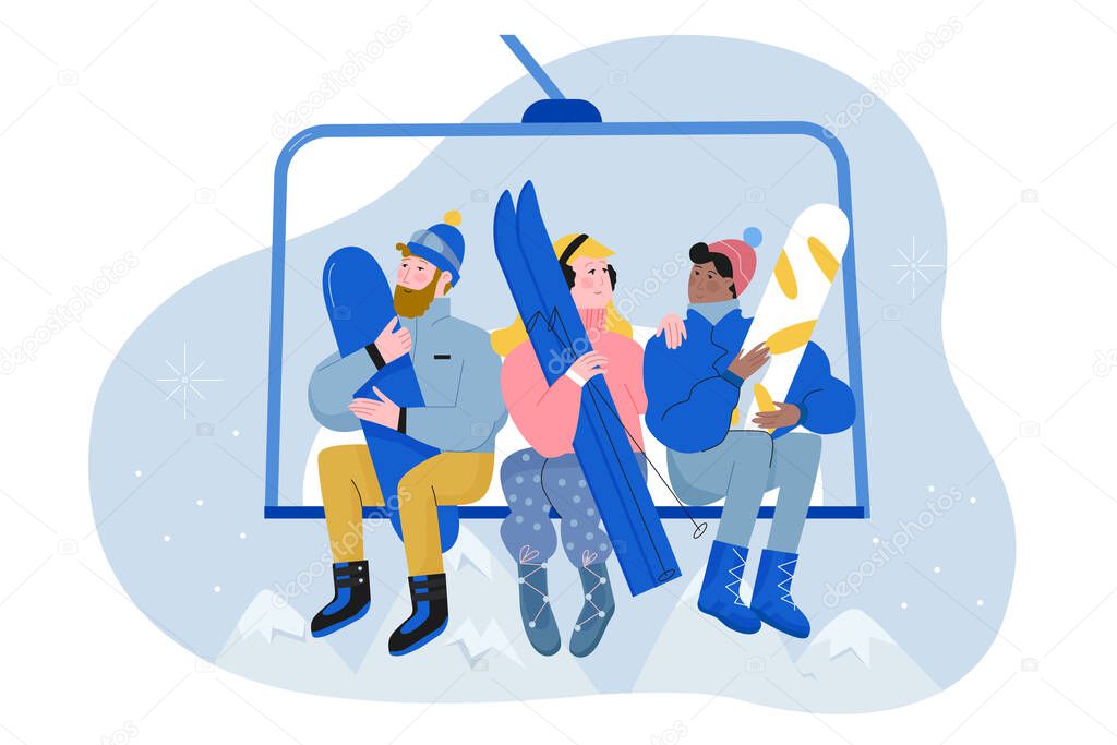 People with ski and snowboard climb lift flat character vector illustration winter vacation concept