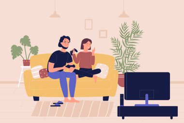 Genç bir çift kanepede oturup oyun konsolunda oyun oynuyor oturma odasında. Ev boş zamanı, insanların dinlenmesi ve birlikte zaman geçirmesi çizgi film düz vektör çizimi..
