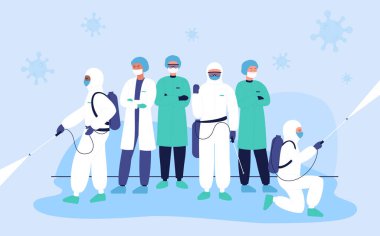 Dezenfektanlar doktorları koronavirüsten, covid karakter düz konsept vektör çiziminden korur..
