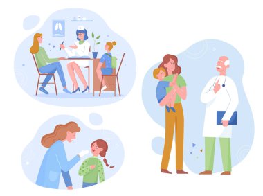 Mutlu, genç bir anne, küçük çocuğu olan çocuk doktorunu ziyaret ediyor. Düz vektör çizimi. Genel pratisyen hekim, klinikteki kontrollerde, sağlık sigortasında, sağlık tedavisinde hastalara danışmanlık yapar