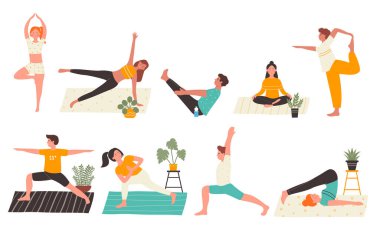 Yogadaki gençler, beyaz arka planda izole edilmiş düz vektör çizimi yapıyor. Yogi Adam ve kadın evde ana yoga egzersizleri yapıyor. Kişisel antrenör, egzersiz sınıfı, sağlıklı yaşam tarzı.