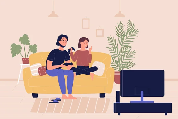 Jonge familie paar zitten op de bank spelen op TV gaming console videospelletjes in de woonkamer. Thuis vrije tijd, mensen rusten en tijd doorbrengen samen cartoon platte vector illustratie. — Stockvector