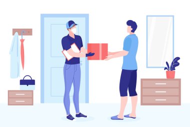 Coronavirus COVID-19 salgını sırasında güvenli lojistik kurye hizmeti. Tıbbi maske ve eldiven takan kurye, müşteri temsilcilerine teslimat kutusu, paket veya yiyecek verir..