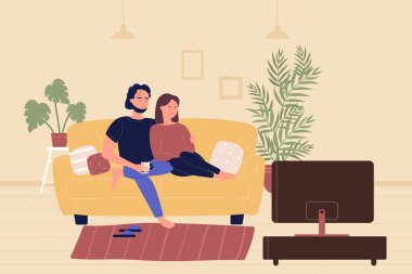 Genç bir çift kanepede oturuyor ve oturma odasında televizyon seyrediyor. Ev boş zamanı, insanların dinlenmesi ve birlikte zaman geçirmesi çizgi film düz vektör çizimi..