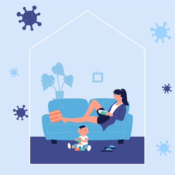 Young woman resting and reading book lying on sofa with playing kid at home during corona virus covid-19 time. Stay at home to prevent coronavirus disease, quarantine self isolation vector concept — Stock Vector