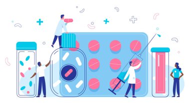 Eczane, sağlık sektörü konsepti düz vektör çizimi. Doktorlar eczacılar tıbbi ilaçlar, vitamin hapları kapsülleri olan insanlar. İnternetteki eczane, ilaç reçetesi.