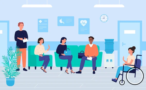 Klinik bekleme odasındaki hastalar karakter düz vektör çizimi, ilaç ve sağlık hizmetleri