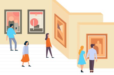 Sergi ziyaretçileri, çağdaş sanat galerisi müzesinde yürüyen ve modern soyut resimlere bakan insanları minimalist vektör illüstrasyonuna davet ediyor.