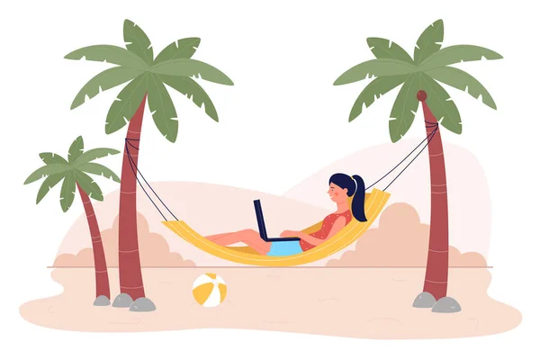 Молода жінка-фрілансер, що працює на ноутбуці, лежить в гамаку на пляжному курорті на тропічному острові ізольовано на білому тлі. Розслабляючий жіночий персонаж розслабляє, відпочиває — стоковий вектор