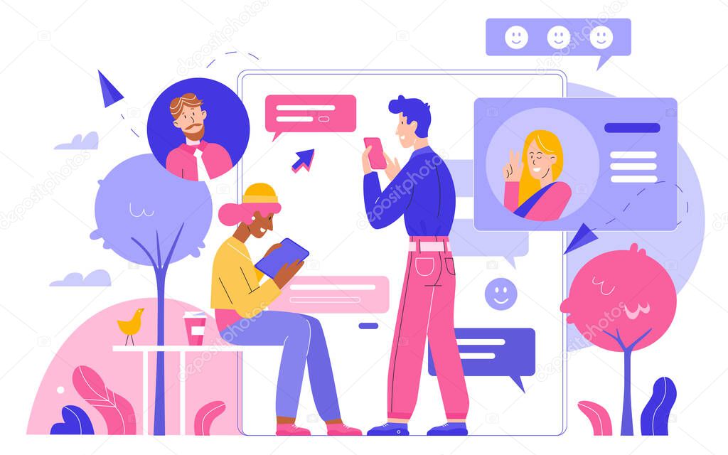 People chatting by gadgets in social network flat vector illustration. Online communication, business chat bubbles, love messenger, profile page, social media and digital marketing concept.