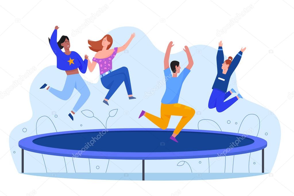Happy young people at trampoline character flat vector illustration, active rest, lifestyle concept