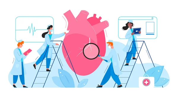 Οι γιατροί σε εργαστηριακές έρευνες καρδιά όργανο υγείας ιατρική έννοια επίπεδη διανυσματική απεικόνιση. Καρδιολόγοι άνδρες γυναίκες ελέγχουν το καρδιογράφημα, καθορίζουν τη θεραπεία της νόσου διάγνωση. Φαρμακευτική έρευνα — Διανυσματικό Αρχείο