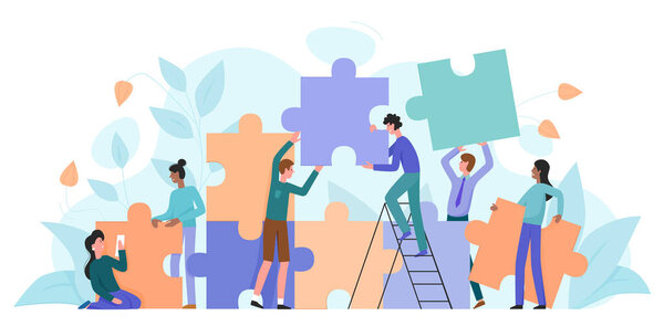 Teamwork, startup character flat vector illustration business concept with giant puzzle