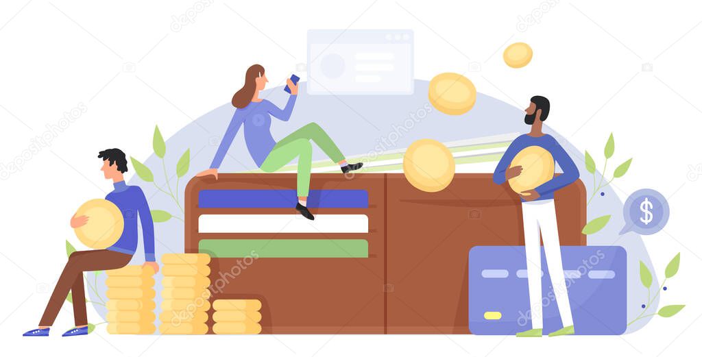 Finance, business character flat vector illustration concept with people near giant wallet