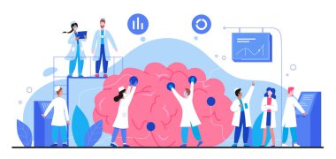 Nöroloji vektör illüstrasyonu, karikatür küçük doktor insanlar insan beyni ve sinir sistemi üzerinde çalışırlar. Tıbbi anatomik bilim araştırmaları beyazlar üzerinde izole edilmiştir.