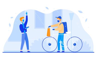 Genç kadın, kurye maskeli ve eldivenli kuryeden eve yakın bir sokakta yiyecek paketi alıyor. Coronavirus COVID-19 konsept düz vektör çizimi sırasında güvenli kurye hizmeti.