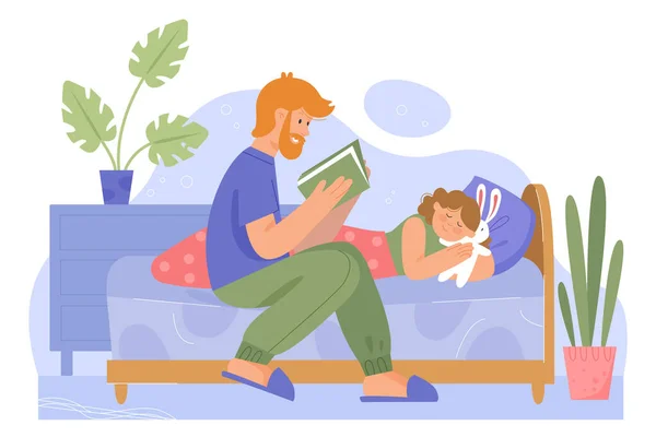 Père avec fille temps de la famille illustration vectorielle, dessin animé papa personnage lecture coucher conte de fées livre à petite fille au lit pour une bonne nuit de sommeil — Image vectorielle