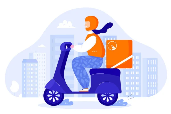 Comida pizza courier en scooter retro con caja de maleta. Comida entrega aplicación concepto dibujos animados vector ilustración — Vector de stock