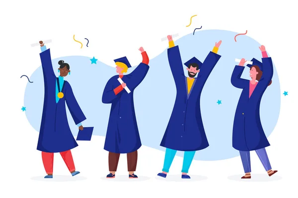 Ilustración vectorial estudiante graduado, dibujos animados gente graduada plana feliz en bata de bata académica, sombrero de graduación con diploma aislado en blanco — Archivo Imágenes Vectoriales