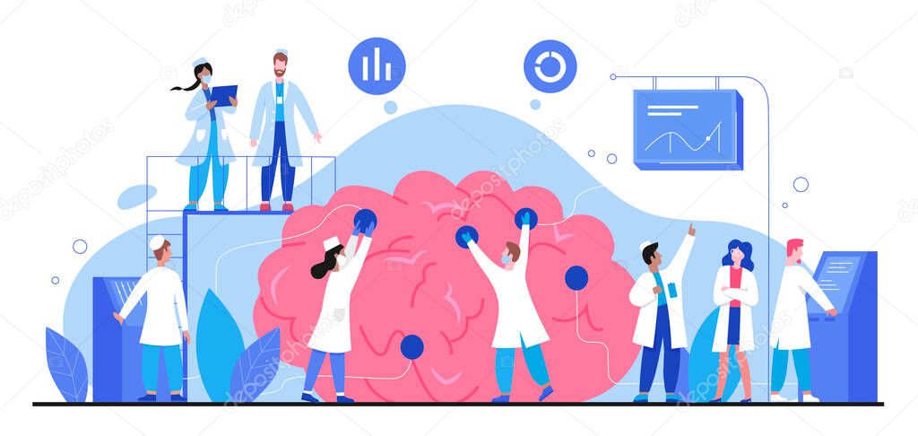 Neurology vector illustration, cartoon tiny doctor people study human brain and nerve system in medical anatomical science research isolated on white