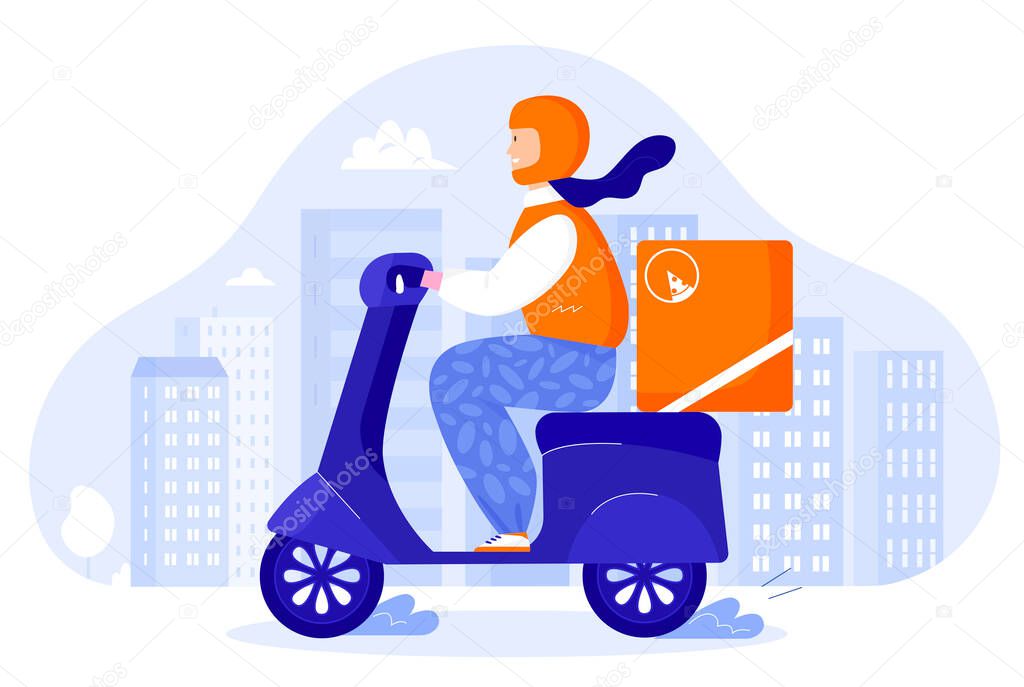 Food pizza courier on retro scooter with trunk case box. Food delivery app concept cartoon vector illustration
