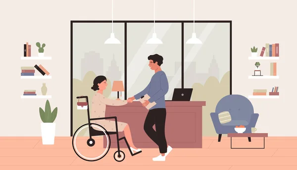 Zdravotní postižení koncepce vektorové ilustrace, kreslené ploché šťastný mladá žena v invalidním vozíku třesoucí ruku s obchodním partnerem nebo šéfem v kanceláři pozadí — Stockový vektor