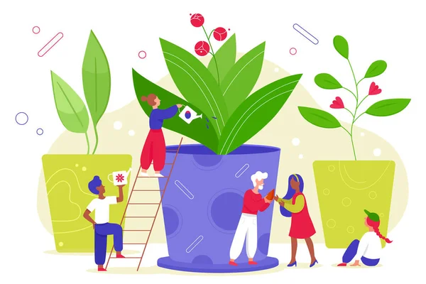 Agricultura ambiental para salvar la tierra ecología vector ilustración, dibujos animados pequeños jardineros personas riego planta o flor natural en la granja — Vector de stock