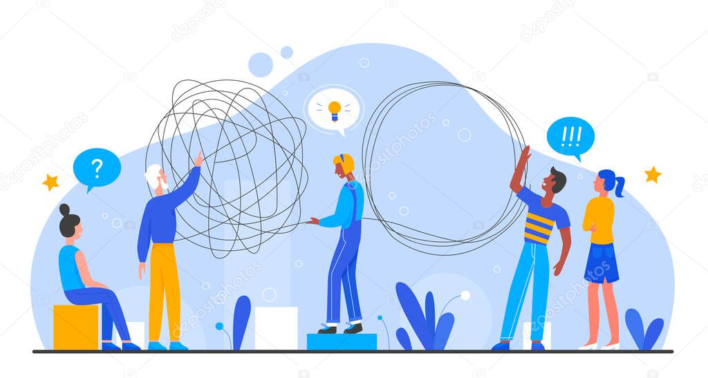 Solution business problem vector illustration, cartoon flat employee people team brainstorming together, working on creative idea, teamwork concept
