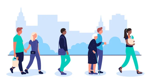 Het profiel van verschillende multiraciale mensen menigte lopen op stedelijke stad straat platte vector illustratie. — Stockvector