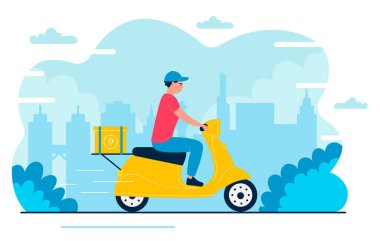 Teslimatçı vektör illüstrasyonu, karikatür düz hızlı kurye, postacı karakter sürücüsü scooter, paket kutusunu ev adresine gönderme