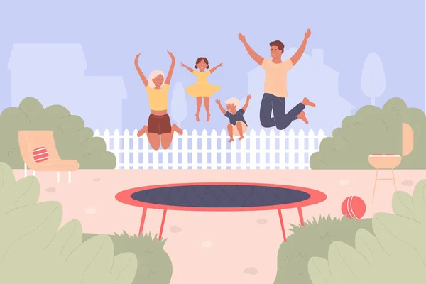 Trampolinspringen Vektor Illustration, Cartoon flache Familienmenschen springen und haben Spaß zusammen, aktive glückliche Jumper-Charaktere springen hoch — Stockvektor