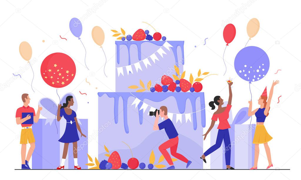 People in birthday party vector illustration, cartoon tiny flat man woman characters have fun together, happy friends celebrate birthdate at big gift cake,