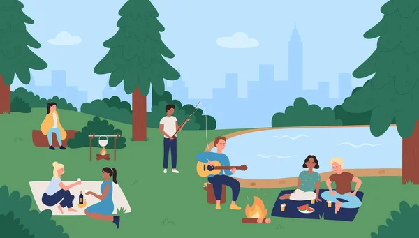 Menschen im Sommer Outdoor-Stadtpark Aktivität Vektor Illustration, Cartoon Wohnung Frau Mann Freunde oder Paar haben Spaß auf Picknick zusammen, Angeln oder Essen — Stockvektor