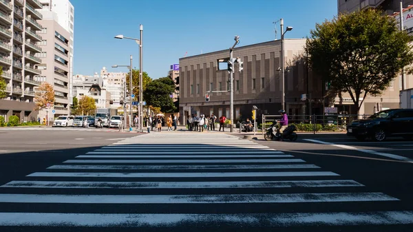 Japonés y turistas esperando cruzar la calle a Tsukiji Fish Ma — Foto de Stock