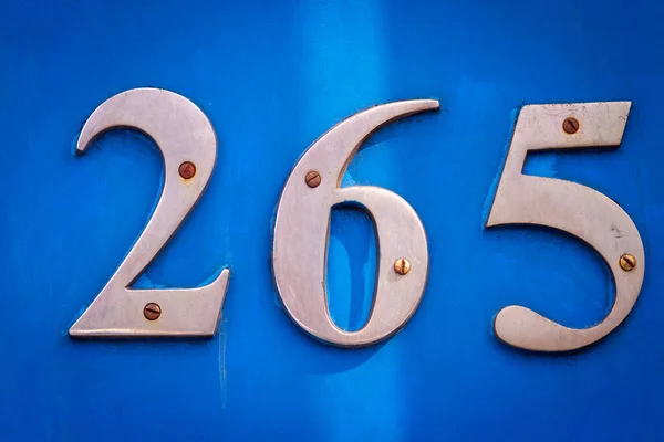 265 Numaralı Kalın Büyük Metal Parmaklı Mavi Ahşap Kapı — Stok fotoğraf
