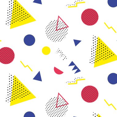 Kırmızı arka planda Memphis modeli 80 'ler-90' lar tarzı. Memphis tarzı moda. Renkli geometrik desen farklı şekiller, farklı renk biçimi. Kapak tasarımı, soyut desen, hipster modası..