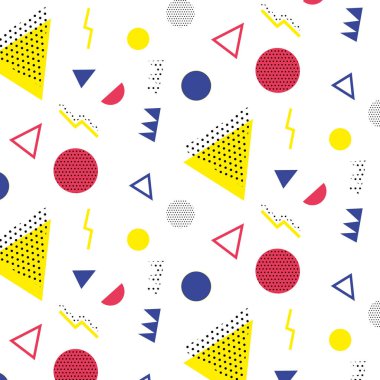 Kırmızı arka planda Memphis modeli 80 'ler-90' lar tarzı. Memphis tarzı moda. Renkli geometrik desen farklı şekiller, farklı renk biçimi. Kapak tasarımı, soyut desen, hipster modası..