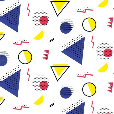 Kırmızı arka planda Memphis modeli 80 'ler-90' lar tarzı. Memphis tarzı moda. Renkli geometrik desen farklı şekiller, farklı renk biçimi. Kapak tasarımı, soyut desen, hipster modası..