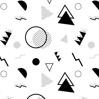 Kırmızı arka planda Memphis modeli 80 'ler-90' lar tarzı. Memphis tarzı moda. Renkli geometrik desen farklı şekiller, farklı renk biçimi. Kapak tasarımı, soyut desen, hipster modası..