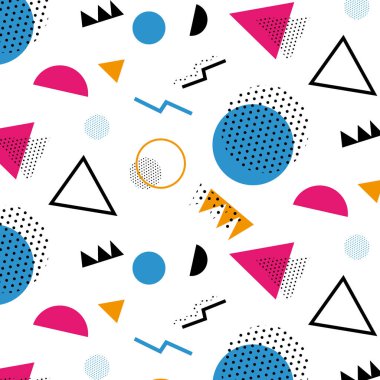 Beyaz arka planda Memphis modeli 80 'ler-90' lar tarzı. Memphis tarzı moda. Renkli geometrik desen farklı şekiller, farklı renk biçimi. Kapak tasarımı, soyut desen, hipster modası..