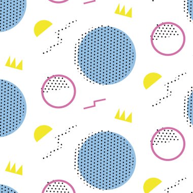 Beyaz arka planda Memphis modeli 80 'ler-90' lar tarzı. Memphis tarzı moda. Renkli geometrik desen farklı şekiller, farklı renk biçimi. Kapak tasarımı, soyut desen, hipster modası..