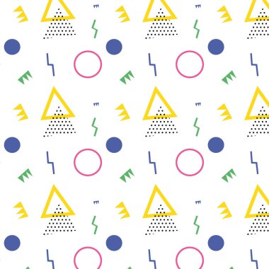 Beyaz arka planda Memphis modeli 80 'ler-90' lar tarzı. Memphis tarzı moda. Renkli geometrik desen farklı şekiller, farklı renk biçimi. Kapak tasarımı, soyut desen, hipster modası..