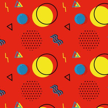 Kırmızı arka planda Memphis modeli 80 'ler-90' lar tarzı. Memphis tarzı moda. Renkli geometrik desen farklı şekiller, farklı renk biçimi. Kapak tasarımı, soyut desen, hipster modası..