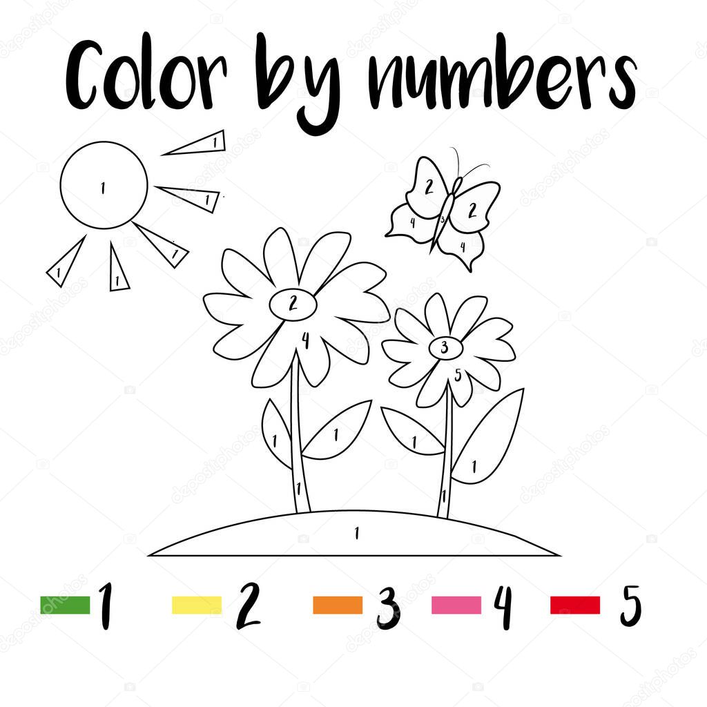 Preschool Counting Activities. Coloring page with colorful illustration. Color by numbers, printable worksheet. Educational game for children, toddlers and kids pre school age.