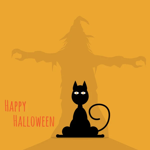 Heureux chat d'Halloween avec ombre de sorcière — Image vectorielle