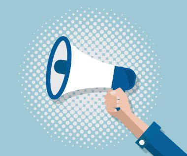 Mega telefon ve yarı ton arka plan ile el